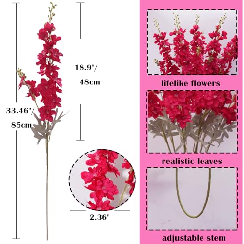 Hot Pink Flowers Artificial Delphinium 8PCS Silk Flowers with Stems 33.46" Tall Artificial Flowers Dark Pink Larkspur Artificial Flowers for Wedding Home Party Centerpieces Arch - color: Hot Pink