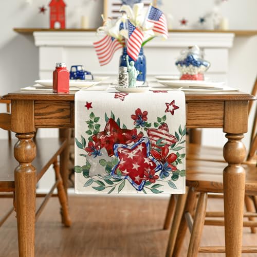 Artoid Mode Red Eucalyptus Flowers Stars Patriotic 210 GSM 4th of July Table Runner, Memorial Day Kitchen Dining Table Decoration for Home Party Decor 13x72 Inch - color: Red, size: 13" x 72", Table Runner