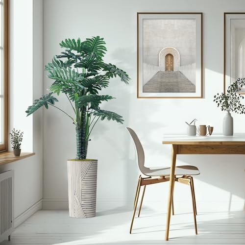 Artificial Tree in Geometric Pattern Planter, Fake Philodendron Tree Silk Tree for Indoor and Outdoor Home Decoration - 70" Overall Tall (Plant Pot Plus Tree) - style: Philodendron Tree