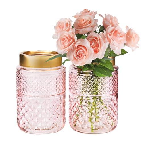 2-Pack Flower Vase Glass, 7.6 '' Pink Fluted Vase with Golden Metal Top, Valentine's Day Stylish Decorative Vases for Tabletop Centerpiece, Kitchen, Living Room, Bedroom, Bathroom, Gift for Mom - color: Pink