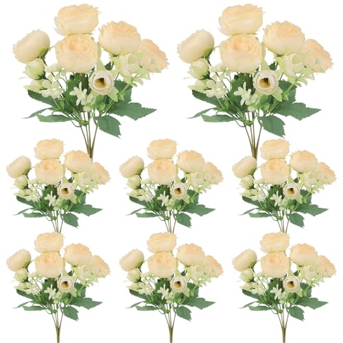 8 Pack Champagne Peonies Artificial Flowers, Cream Fake Silk Hydrangea Bouquet for Bridal Wedding Home Table Decor Reusable Dining Opening Ceremony Birthday Arrangement Faux Floral - color: Champagne
