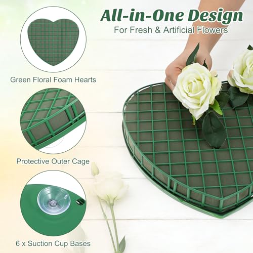 STOBOK Floral Foam Hearts, Heart Shaped Floral Foam Cage with 5 Suction Cups Base for Fresh or Artificial Flowers, Wedding Valentine Centerpieces, DIY Car Decor (Green, 12.2 x 11.4 in) - size: 32X30X3CM