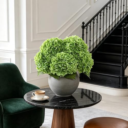 LFF 3Pcs Green Hydrangea Artificial Flowers, 8.66" Large Real-Touch Latex Blooms with 22" Long Stems, Faux Hydrangea for Outdoor Planter Indoor Home Table Centerpieces Wedding Decor Bouquets - color: Dark Green