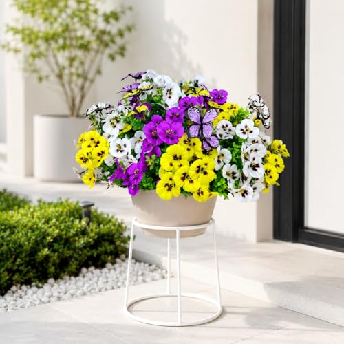 Geegoods Extra Full 36 Stems Artificial Pansies Flowers for Outdoor with 6 Pcs Butterflies, UV Resistant Faux Flowers for Hanging Baskets Window Box Porch Garden Summer Decor - color: Purple White Yellow, size: 36PCS with Butterfly