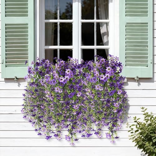 Artificial Hanging Flowers for Outdoors, 2 Pcs Fake Hanging Flowers Spring Summer Decor, UV Resistant Faux Artificial Outdoor Plants for Planter Front Door Porch Patio Garden Yard(Gradient Purple) - color: Gradient Double Purple