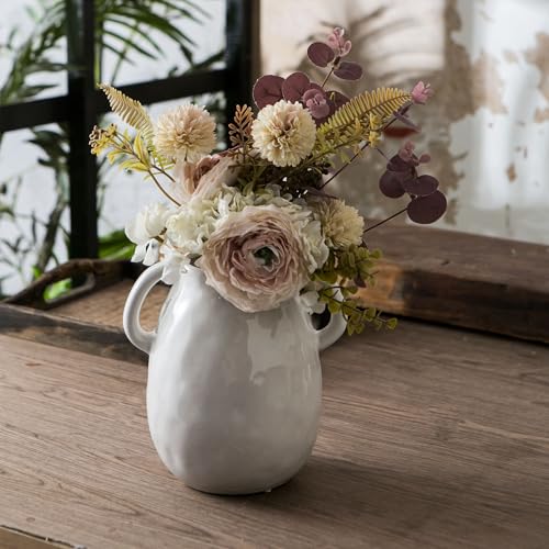 White Ceramic Vase with 2 Handles for Modern Farmhouse Home Decor, Vintage Rustic Decorative Vases, Small Vase for Fresh and Dried Flowers, Centerpiece Table Decorations, 7 Inch