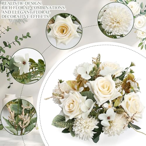 Artificial Peonies Flowers 12 Bundles Silk Chrysanthemum Flowers Fake Roses with Eucalyptus, Realistic Faux Mums for Vase Arrangement, Home Decor, Wedding Table Centerpiece - White - color: White