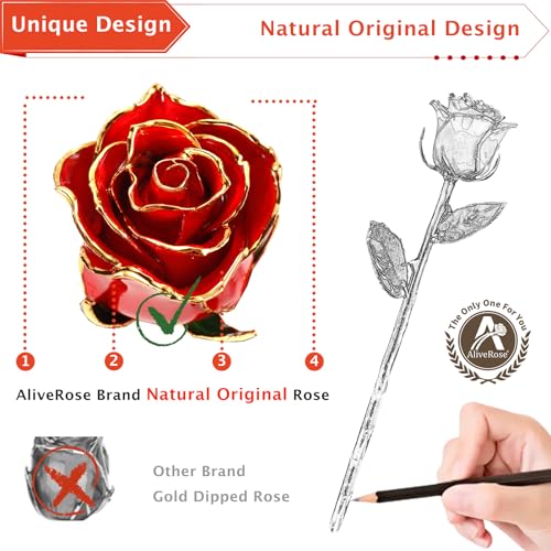 AliveRose Valentines Day Gifts for her, 24K Gold Rose Made from Real Rose - Unique Design 24K Dipped Roses for Anniversary Valentines Mothers Day Birthday Gifts (Red Original with Crystal Vase) - color: 1. Red Original Rose With Crystal Vase