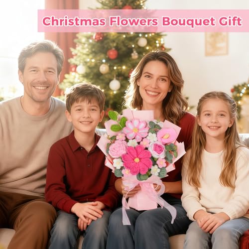 RICHMYC Crochet Flower Bouquet, 10.6 in Pink Handmade Crochet Bouquet Knitted Flowers Roses Tulip Flower, Mother’s Day Personalized Gifts for Birthday Anniversary Mom Women Wife Lover