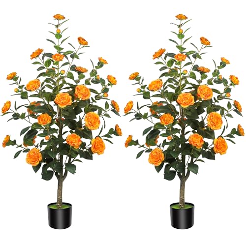 2 Pack 47.24"/3.94FTArtificial Camellia Trees with 36 OrangeFlowers in Cement Pots – Lifelike Fake Trees for Front Porch, Home, Indoor Outdoor Spring Decor, Office or Housewarming Gifts - color: Orange, size: 47.24 inchx2