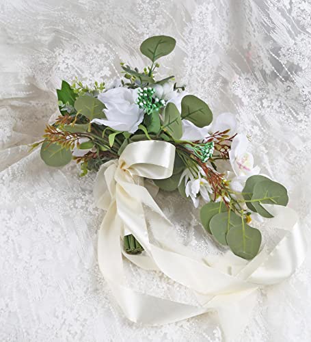 Artificial Bridal Bouquet, 11 Inch White Artificial Wedding Bouquets for Bride Bridal Bouquet Bridesmaid Bouquet Tossing Bouquet for Wedding Ceremony and Anniversary(White) - color: White