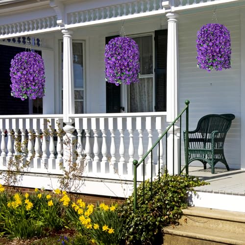HyeFlora Artificial Fake Hanging Flowers Plants for Outdoor Outside Summer Decoration, 2PCS Faux Silk Morning Glory Purple UV Resistant Look Real Trailing Vines for Home Planter Porch Patio - color: Purple