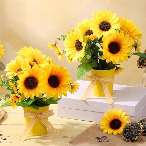 Suncalla 2 Pack Small Artificial Sunflower Plant in Pots Faux Flower Potted Plants Yellow Arrangement Rustic Home Decor 7.9" Tall for Farmhouse Table Centerpiece Windowsill Country Indoor Decor - color: Yellow, style: Sunflower