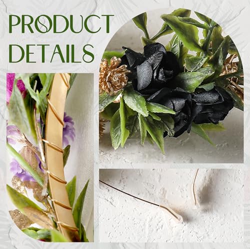 Black Flower Crown Headband, Fairy Dark Floral Headpiece with Gold Leaf, Woodland Elf Gothic Flower Headband for Women Girls Renaissance Renfaire Fantasy Cosplay Party Hair Accessories - color: Black