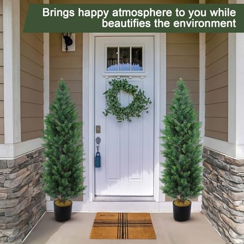 Hananona 2 Pcs 4 Ft Artificial Topiary Cedar Trees, Outdoor Faux Pine Shrubs, Realistic Fake Greenery Plants UV Resistant Cypress Trees for Christmas Porch Front Door Decor (2, Green, 4 Ft)