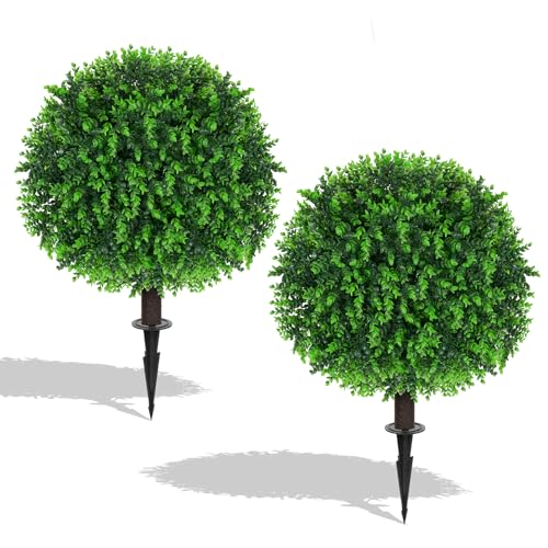 2Pcs Artificial Topiary Ball Trees for Outdoor 16" UV Resistant | Artificial Shrubs With Ground Spike,Faux Plants, Fake Evergreen Bushes for Indoor Front Porch Garden Decor - color: Eucalyptus