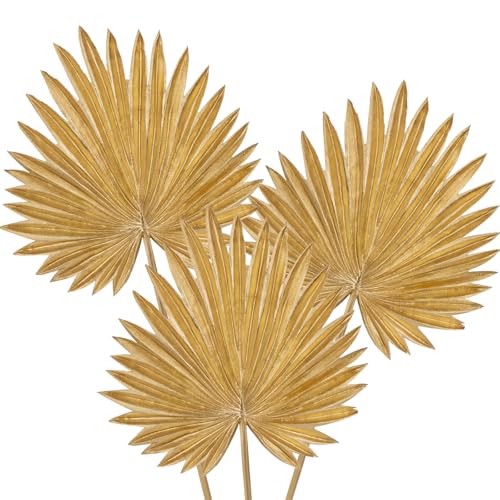 Large Pu Foam Gold Artificial Palm Leaves Faux Palm Tropical Leaves Fake Palm Fronds for DIY Wedding Bouquets Fake Leaves for Centerpieces Arrangements Bridal Shower Palm Leaf for Home Decor-3 Pcs - color: Gold-l