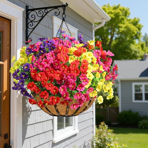 Alupssuc 24 Bundles Artificial Flowers for Outdoors, Faux Spring Flowers for Decoration, UV Resistant Silk Morning Glory with Eucalyptus Realistic Fake Flowers for Yard Planter Porch Garden, 4 Colors - color: Red, Fuchsia, Deeppurple, Yellow