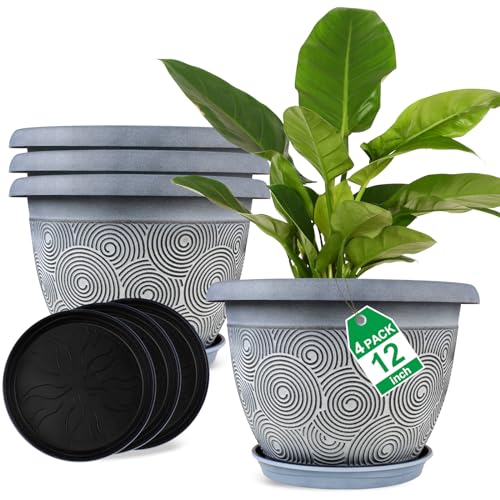 Fodetyff 12 Inch Large Planter Pot for Plants Indoor Outdoor, 4 Pack Plastic Flower Pots with Drainage Hole & Tray, Modern Decorative Garden Pot with Saucer, Plant Container for House - color: Blue, size: 12 inch-4 pack
