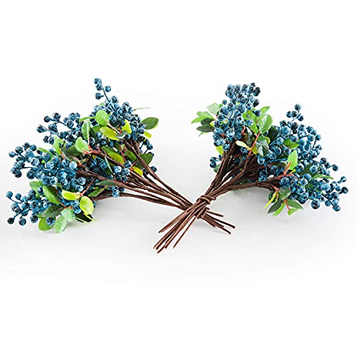 SHACOS Artificial Blue Berry Stems Pack of 20 Fake Blue Berries with Green Leaves 9.8 inch Fake Blueberries Picks for Spring Floral Bouquet Decorations Crafts Holiday Home Vase Decor Blueberry - color: Blue, size: 20 PCS