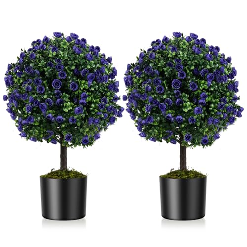 Goplus 22'' Artificial Purple Rose Topiary Ball Tree, Set of 2 Faux Potted Plants Artificial Shrubs Bushes with Flowers, Fake Evergreen Boxwood Topiary for Indoor Outdoor Home Front Porch Decor - color: Purple Rose