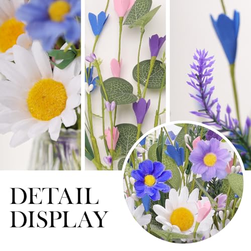 Artificial Spring Flowers 12 Pack Floral Picks 17 Inch Spring Floral Stems with Green Leaves White Blue Purple Daisy Forsythia for Flower Arrangements Centerpieces Indoor Decorations