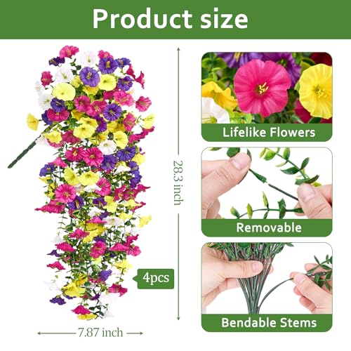 Serwalin Artificial Hanging Flowers for Outdoors UV Resistant, 4PCS Faux Morning Glory Fake Outdoor Flowers Realistic Silk Flower Plants for Outside Planter Front Door Porch Patio Yard Decor - color: A Summer Color