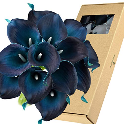 FiveSeasonStuff Real Touch Calla Lily Artificial Flowers Wedding Bridal Bouquet | Floral Arrangements | 15 Calla Lilies (Night Blue) - color: Night Blue