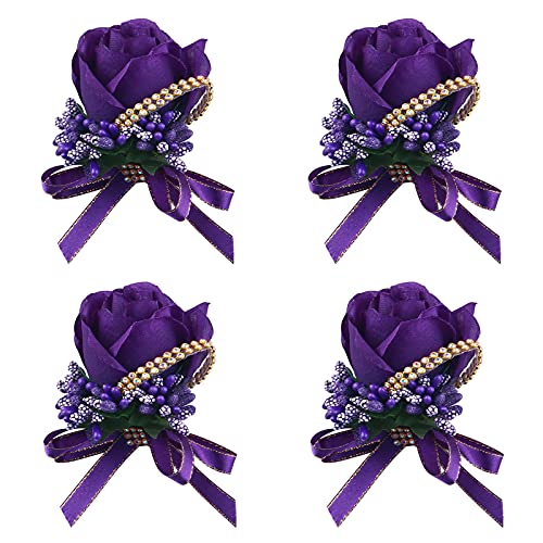 Wrist Corsage 4 Packs Wedding Bridal Wrist Corsage Flower Rose Wristband Purple Rose Corsage for Bride Bridesmaid Perfect for Wedding, Prom, Party (4 Packs, Wrist Flower-Purple) - color: Corsage- Purple, size: 4 Packs