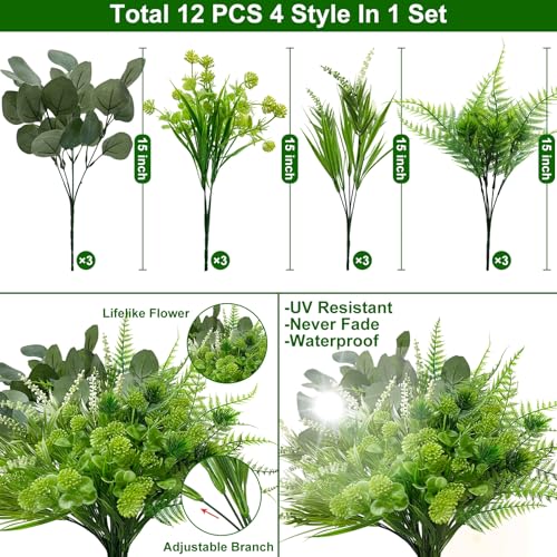 12 Bundles 4 Styles Artificial Plants Outdoor Summer Decor, UV Resistant No Fade Artificial Flowers Faux Plants Fern Lavender Eucalyptus Plastic Greenery Shrubs for Outside Porch Garden Home Cemetery - size: 12 Pack