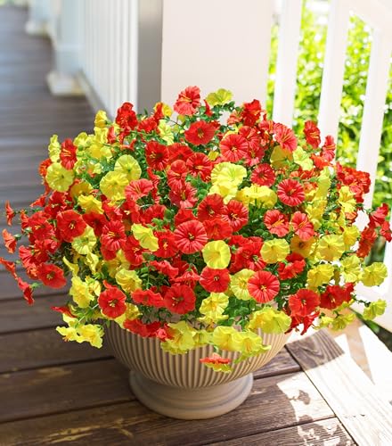 HyeFlora Artificial Flowers for Outdoors Fake Plants Outside Decoration, 12 Bundles Silk Colorful Morning Glory with Eucalyptus UV Resistant Realistic Faux Flowers for Planter Porch Patio Yard Garden - color: 2 Mixed(6 Yellow, 6 Orange)