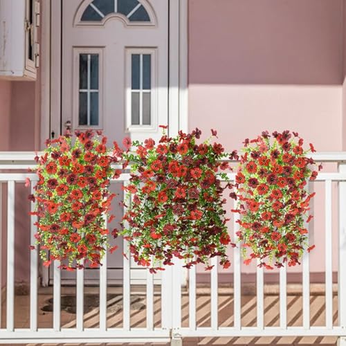ZFProcess Artificial Hanging Flowers for Outdoors Spring Decoration, 2PCS Silk Fake Daisy Realistic Outdoor Flowers UV Resistant Porch Patio Window Yard Decor (Red Brown) - color: Red Brown