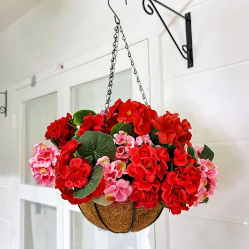 TURNMEON 2 Pack Artificial Geraniums Fake Flowers for Outdoors Summer Decoration, Silk Geraniums Flowers UV Resistant Faux Flower Potted Plants for Gardens Farmhouse Indoor Home Table Decor (Mixed) - color: Red and Rose Red