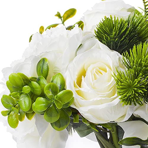 ENOVA FLORAL Artificial Rose Flowers in Vase, Mixed Fake White Rose and Silk Peonies in Vase with Faux Water for Dining Table Centerpieces, Home Decor Indoor