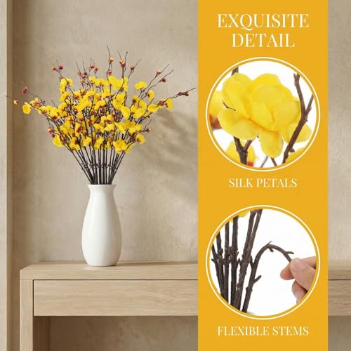 20pcs Yellow Cherry Blossom Branches Artificial Flowers for Winter Spring Indoor Decoration, 22“ Plum Fake Peach Plants for Wedding Home Office Bedroom Party Decor (Yellow, 22in) - color: Yellow, size: 22in