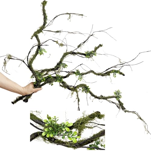 43 inches Moss Twig Vines Artificial Trees Branches Jungle Climber Fake Greenery Twigs Trunk with Greenery for Home Decor Garden Landscape Hanging Reptile Habitat Decor (Green - Pack of 4) - color: Green - Pack of 4