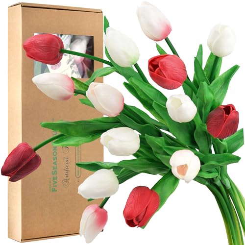 FiveSeasonStuff Real Touch Tulips Artificial Flowers – 15 Stems Faux Tulip Bouquet in Gift Box for Wedding, Home Decor, Party, Floral Arrangements (Charming Lady) - color: #6 Charming Lady