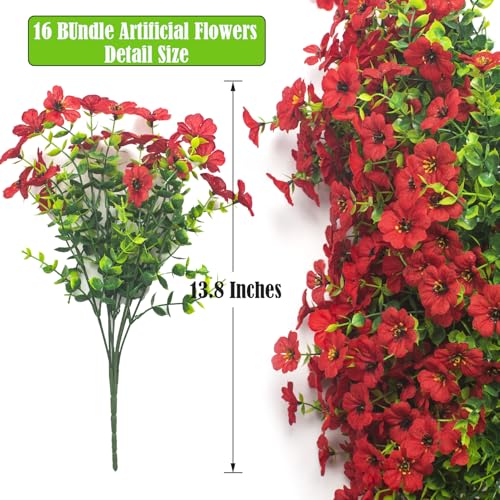 Grunyia Artificial Fake Flowers for Outdoor Spring Decoration, 16 Bundles Faux Silk Colorful Daisy UV Resistant Realistic for Outside Porch Patio Home Yard Garden Planters Pots Window Box (Red) - color: Red