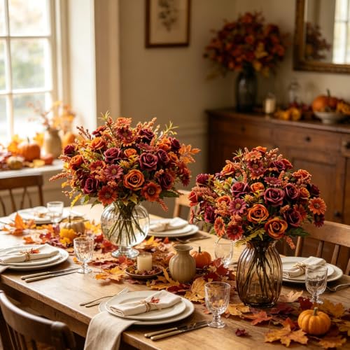 Fall Flowers Artificial for Decoration, 6 Bundles Fake Fall Flowers Faux Rose with Artificial Mums for Outdoors Front Porch Garden Patio Planter Home Table Centerpiece Fall Decor(Fall Red) - color: Fall Red