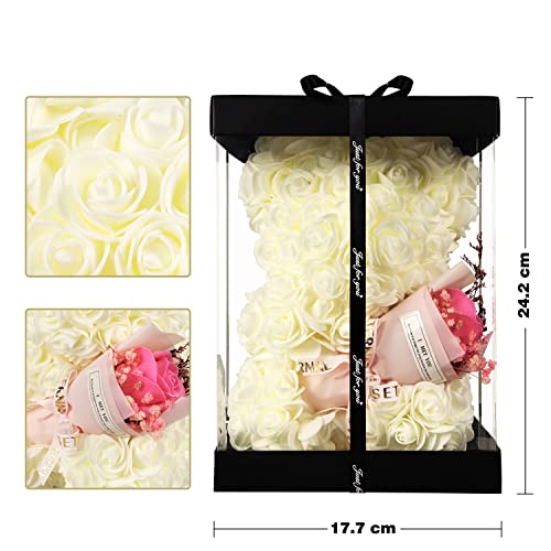 Rose Bear Valentines Gifts for Women Rose Bear Teddy Bear with Box,One Hundred I Love You Language Necklace,Cute Romantic Wedding Anniversary Birthday Gift - color: Rice White