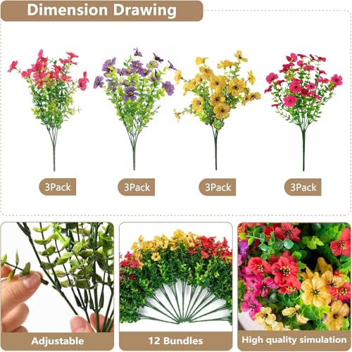 Artificial Flowers 12 Bundles, Faux Daisy and Eucalyptus Greenery Stems for Outdoor Indoor Decor - Fake Plants for Home, Garden, Patio, Porch Decoration - color: Mix