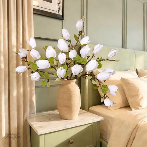 6PCS Artificial Magnolia Flowers Stems for Spring Decoration,26In Artificial White Fake Flowers with Buds Faux Long Stem Floral Arrangement for Vase Table Centerpiece Indoor Home Decor - color: White Green