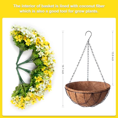 INXUGAO Artificial Silk Flowers Hanging Baskets Outdoors,Chrysanthemum with Eucalyptus Leaves Arrangement for Garden Yard Decor,Faux Plant in Metal Coconut Lining Flowerpot(Yellow) - color: B-yellowwhite
