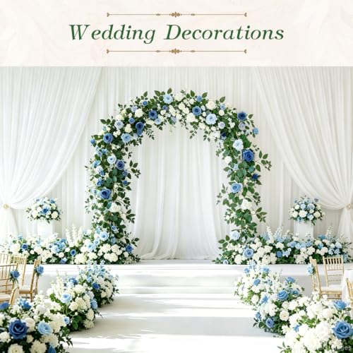 2 Pack 11.2 Ft Artificial Flower Garland with White Roses, Realistic Fake Greenery Vines with 17 Roses Flowers for Wedding Table Centerpieces Arch Party Ceremony Backdrop Decor (Mix Blue) - color: Mix Blue