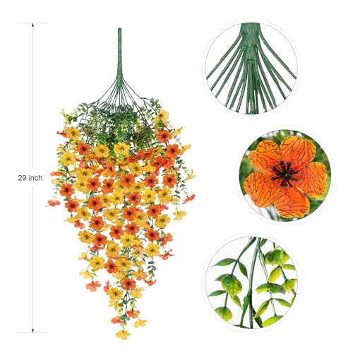 Ammyoo Artificial Hanging Flowers for Outdoors Fake Plants Decoration, 2 Packs Faux Silk Daisy Flower Realistic Outdoor Flowers UV Resistant Porch Patio Window Yard Indoor Spring Decor(Yellow Orange) - color: Dyellow Orange