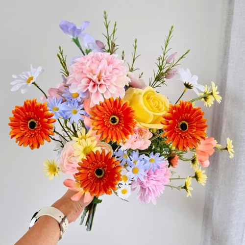 20 Pcs Fake Silk Gerbera Daisy Artificial Flowers with Stems Faux Daisies Flower Bulk for DIY Art Crafts Home Wedding Party Vase Centerpieces Tables Garland Wreath Decoration (Orange) - color: Orange