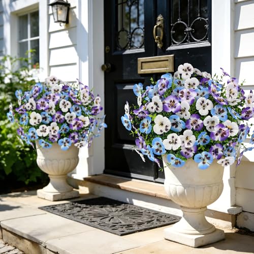 Ouddy Decor 20 Bundles Artificial Pansy Flowers for Outdoors, Fake Silk Flowers Faux Plants UV Resistant for Vase Table Balcony Planter Porch Yard Garden Indoor Outdoor Home Decor, Purple Blue White - color: Purple Blue White