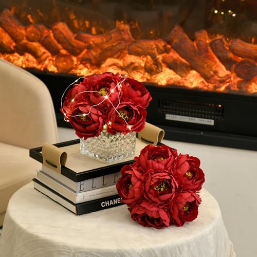 Artificial Peony Silk Flower Centerpieces with LED Light Faux Floral Arrangement in Glass Vase for Home Wedding Table Decoration (Dark Red) - color: Light-dark Red