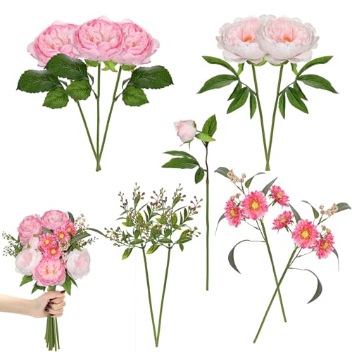 GnFlus Peonies Artificial Flowers, 10PCS Mixed Pink Faux Flowers with Peonies & Daisies, Up to 18.8 Inch Long Silk Fake Flowers for Vase DIY Wedding Bouquet Party Centerpieces Arrangement Home Decor - color: Peony, Pink #1