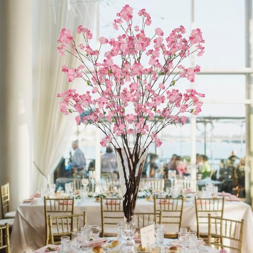 CISDUEO Cherry Blossom Branches Long Stem Artificial Flowers for Tall Vase Silk Flower Bulk Pink Plum Blossom Flowers for Indoor Home Decor Bedroom Wedding Floral Arrangement Table Centerpieces Party - color: Pink